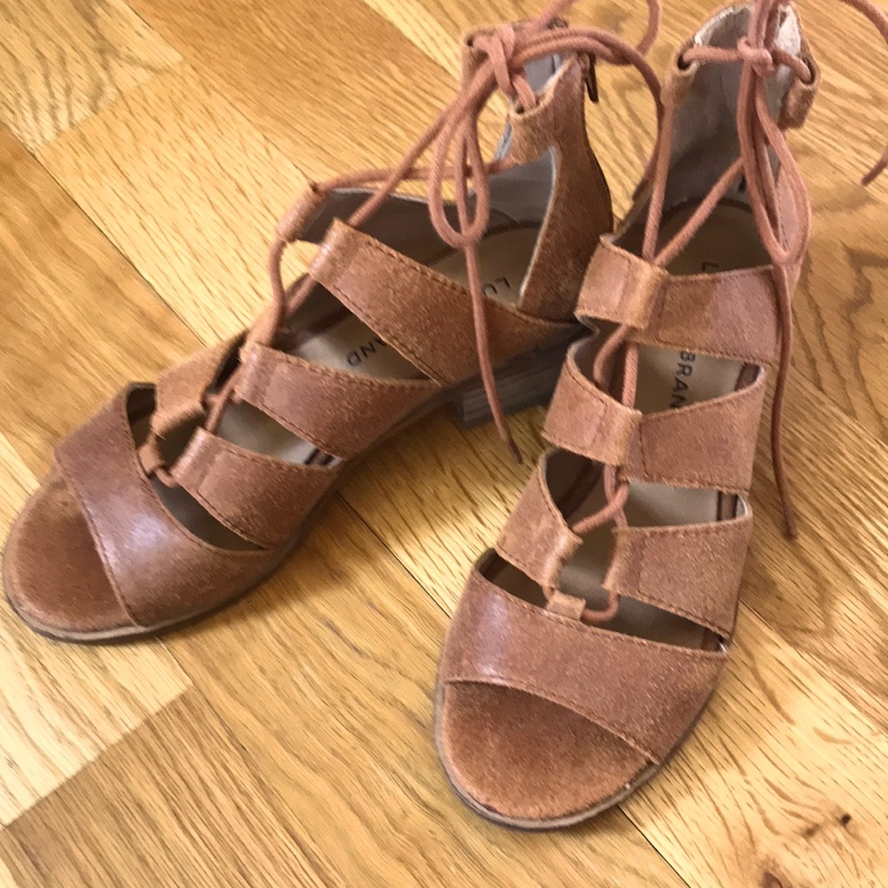 Lucky Brand Lace Up Gladiator Sandals in caramel suede.